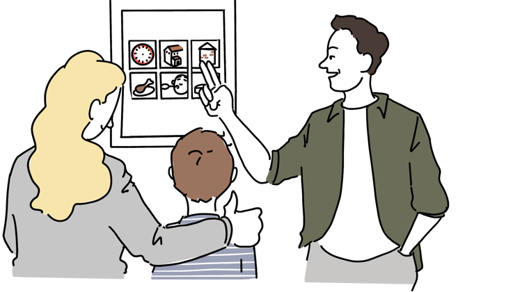 Illustration af en konsulent, der underviser et barn i støttet kommunikation