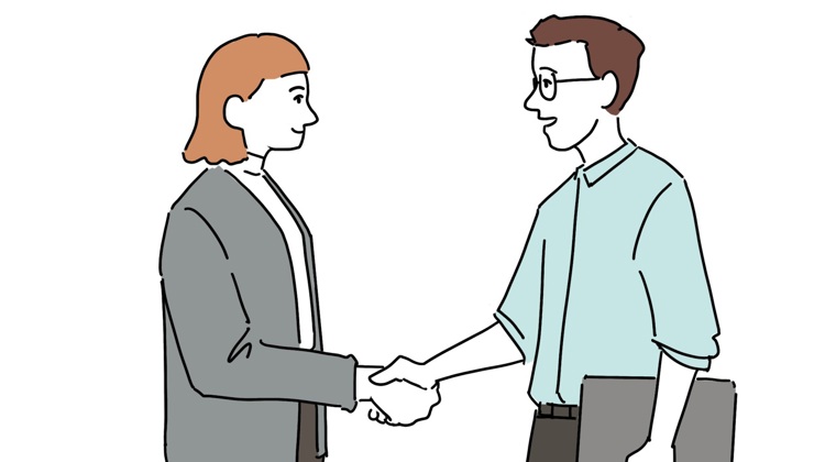 Illustration af to mennesker, der indgår et samarbejde og giver hånd på det